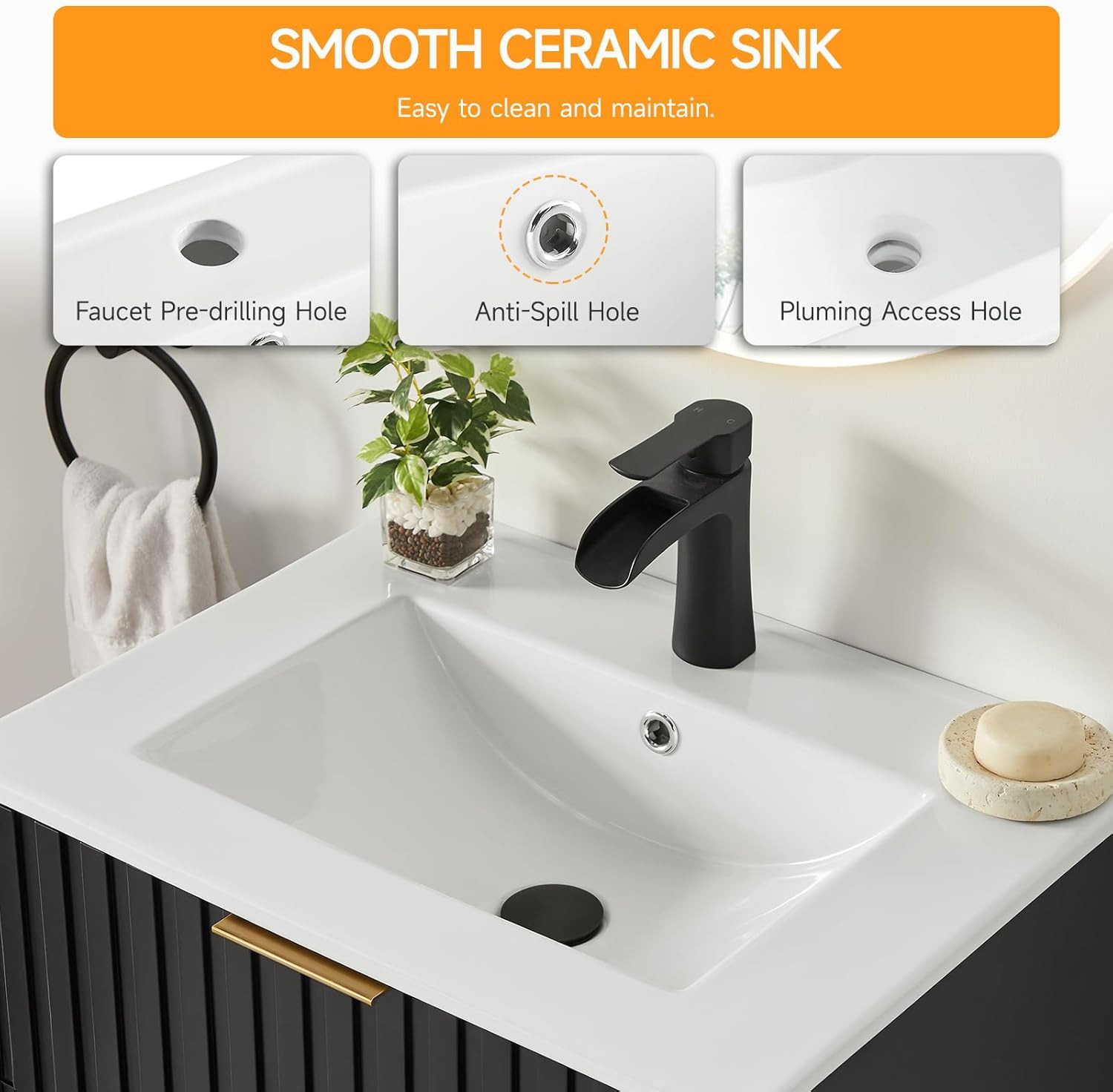 Bathroom Vanity with Sink, Wall Mounted Fluted Cabinet with 2 Golden Metal Handl