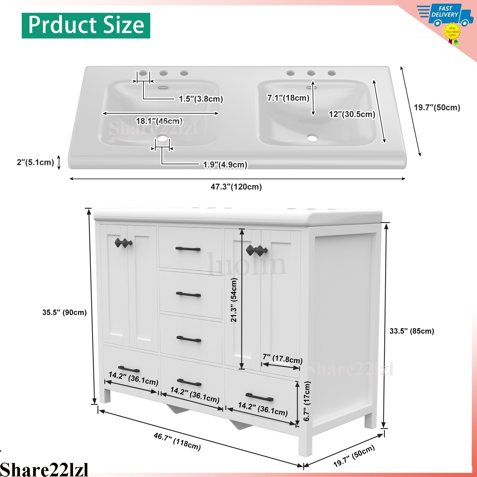47″ Bathroom Vanity Storage Cabinet with Double Ceramic Sink White Freestanding