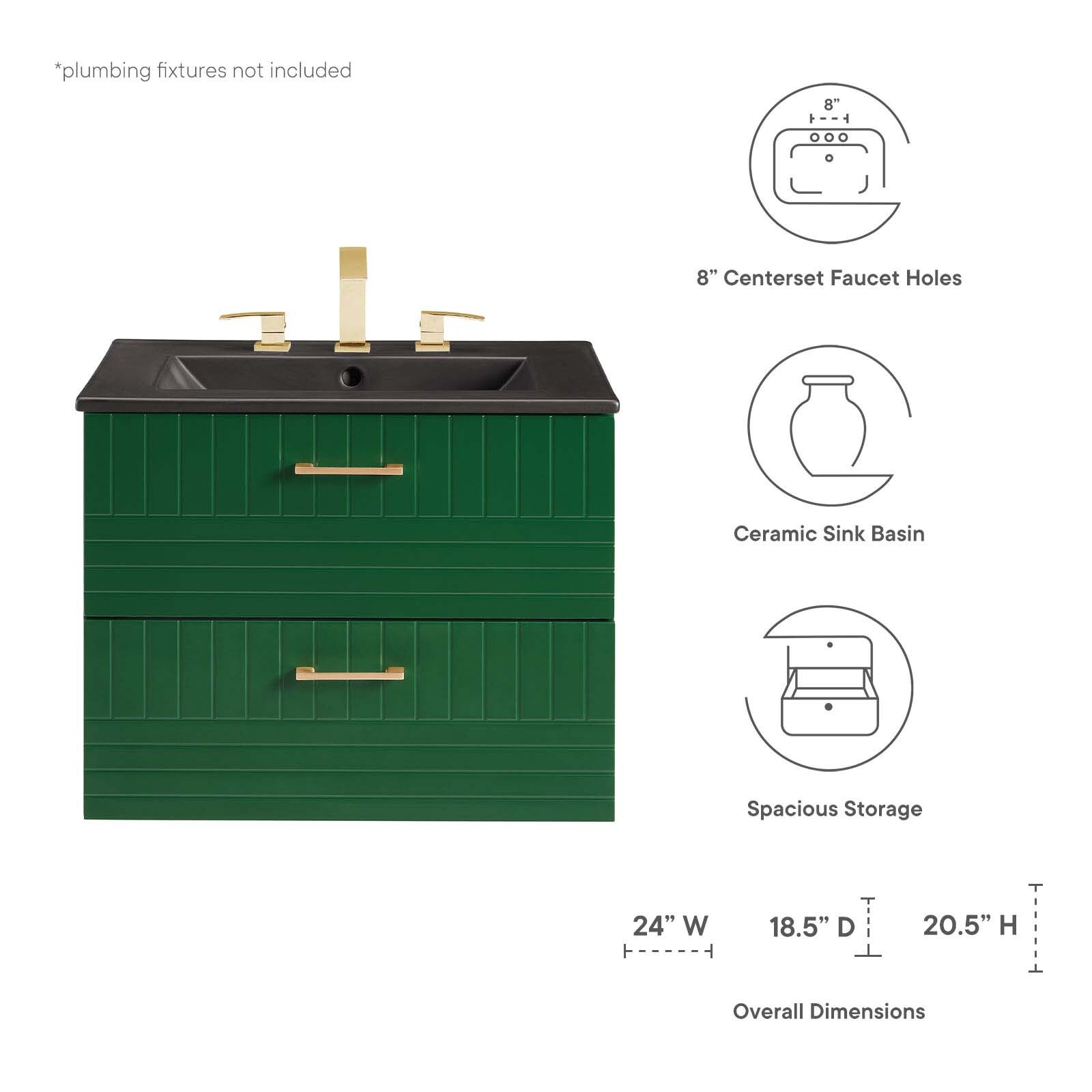 Modway Daybreak 24″ Wall-Mount Bathroom Vanity in Green Black