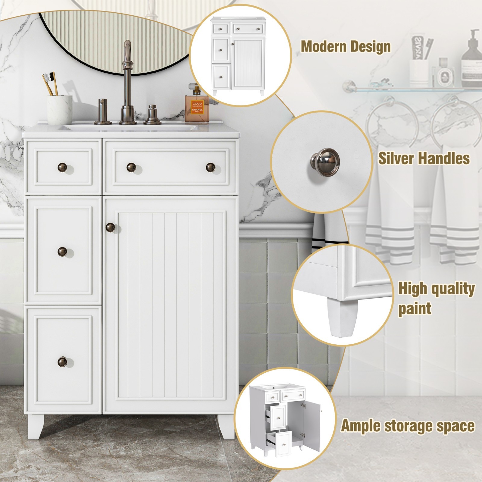 White Vanity for Bathroom 24″ Floor Standing Single Sink Unit with Storage Space