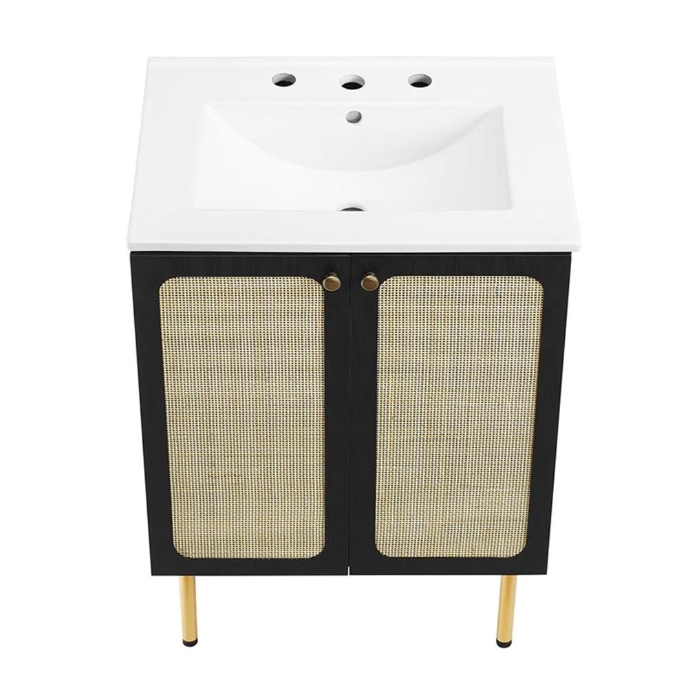 Pemberly Row 24″ Wood & Rattan Bathroom Vanity in Black/White