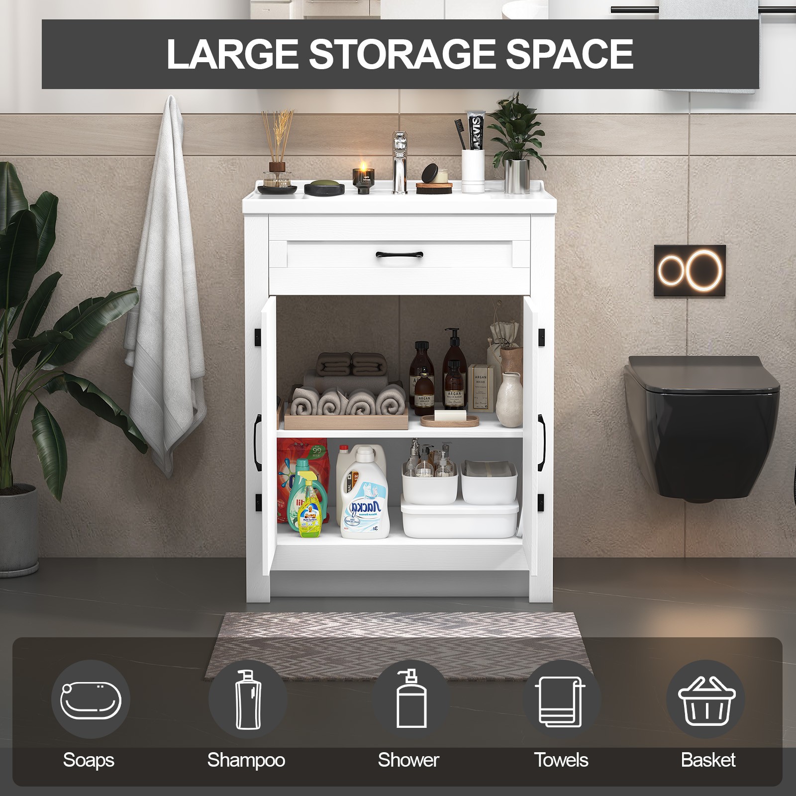 23″ Bathroom Vanity w/Ceramic Sink Modern Freestanding Vanity Cabinet w/2 Doors