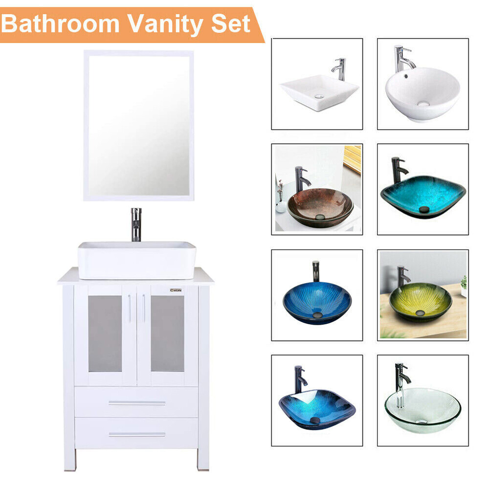 24 Inch White Bathroom Vanity With Sink Glass Ceramic Mirror Cabinet Set Faucet