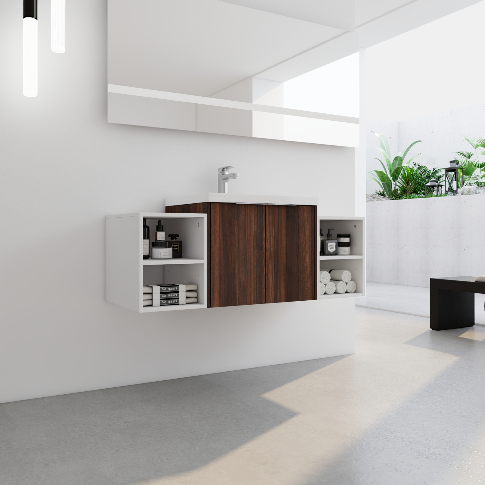24″Bathroom Vanity Cabinet With Resin Sink + Two 12″Small Storage Shelves Walnut