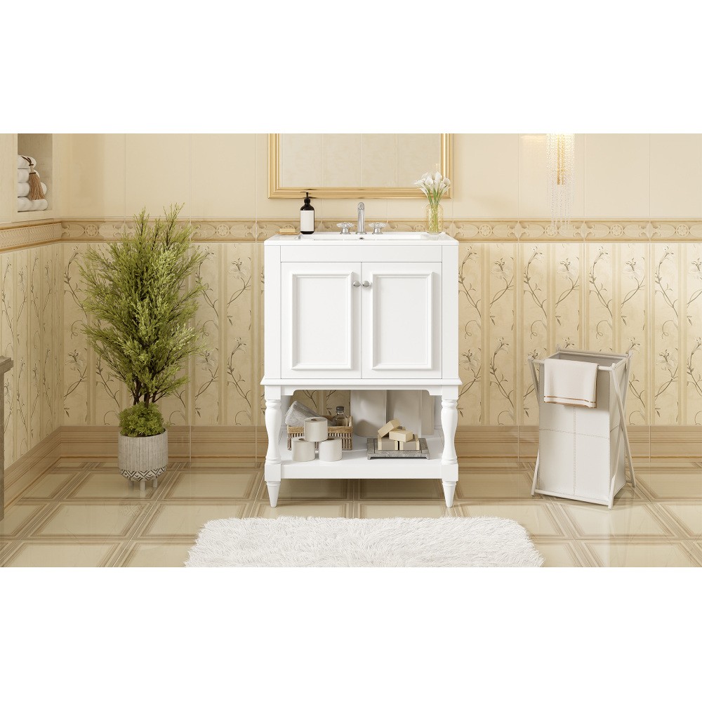 24″ Modern Bathroom Vanity w/ Ceramic Sink & Storage, White