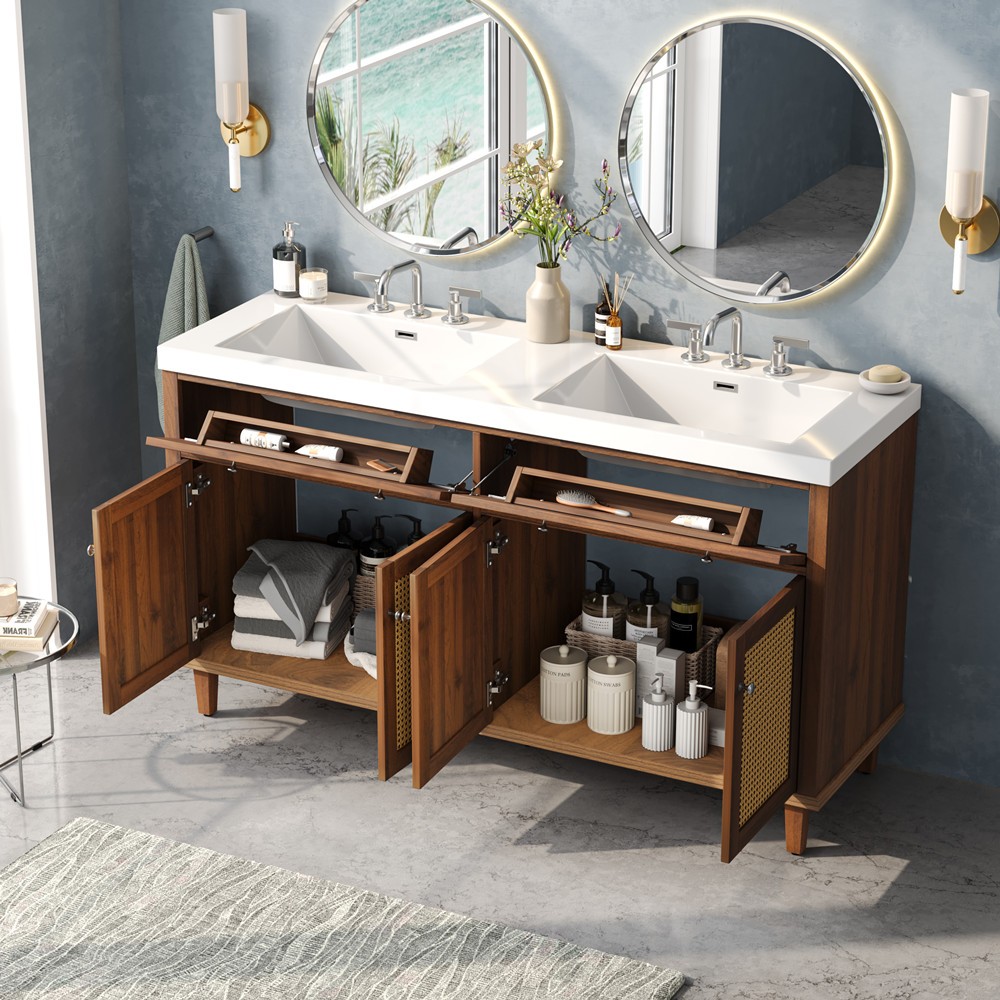 60″ Bathroom Vanity w/Double Sink, 2 Drawers, Freestanding Vanity Doors Cabinet