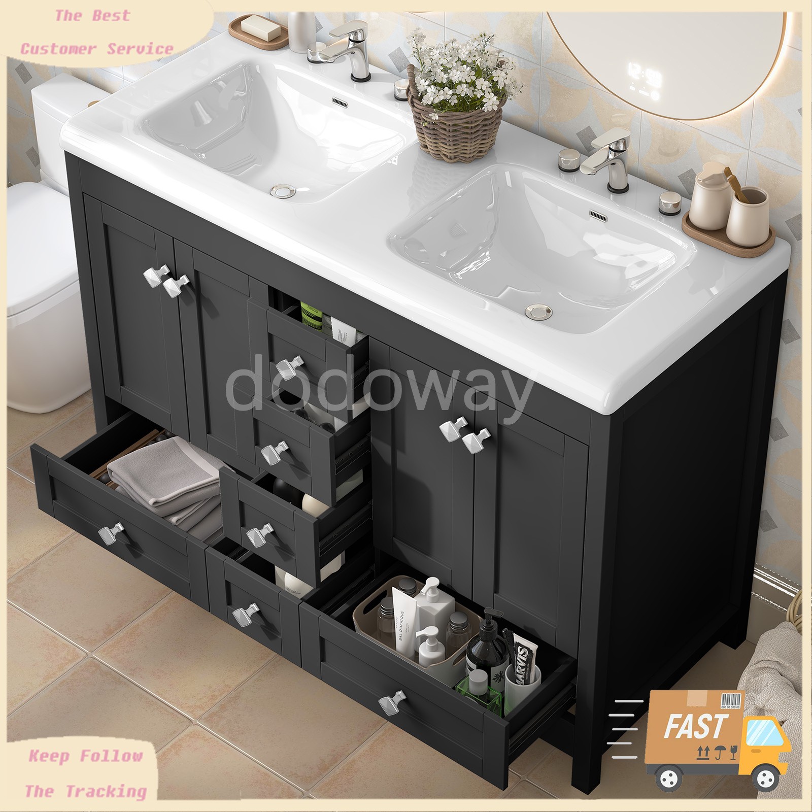 Modern 47″ Double Sink Vanity Freestanding Ceramic Bathroom Cabinet Black