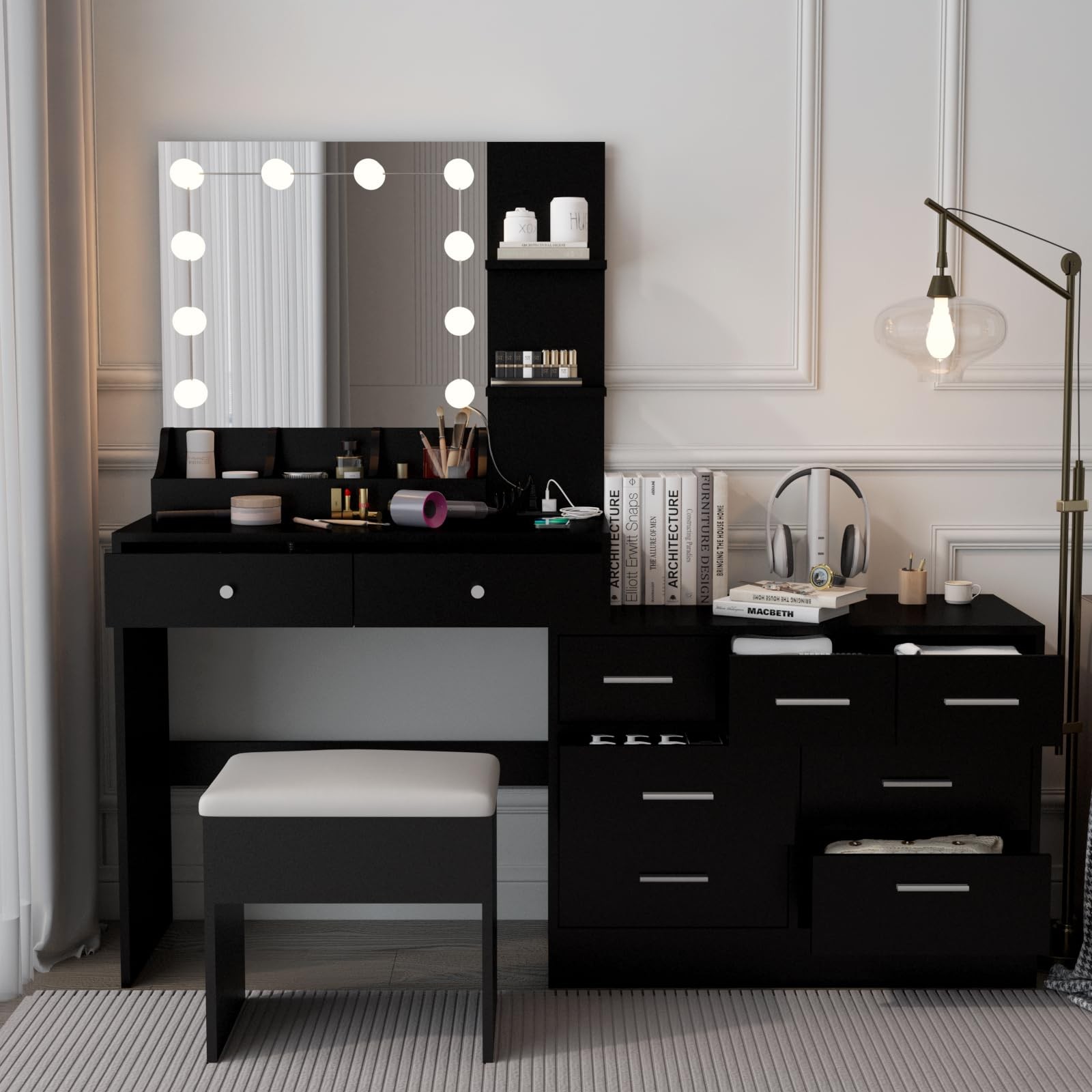 Vanity Table Dresser w/ Light Mirror Charging 10 LED Stool Drawers Shelves Black