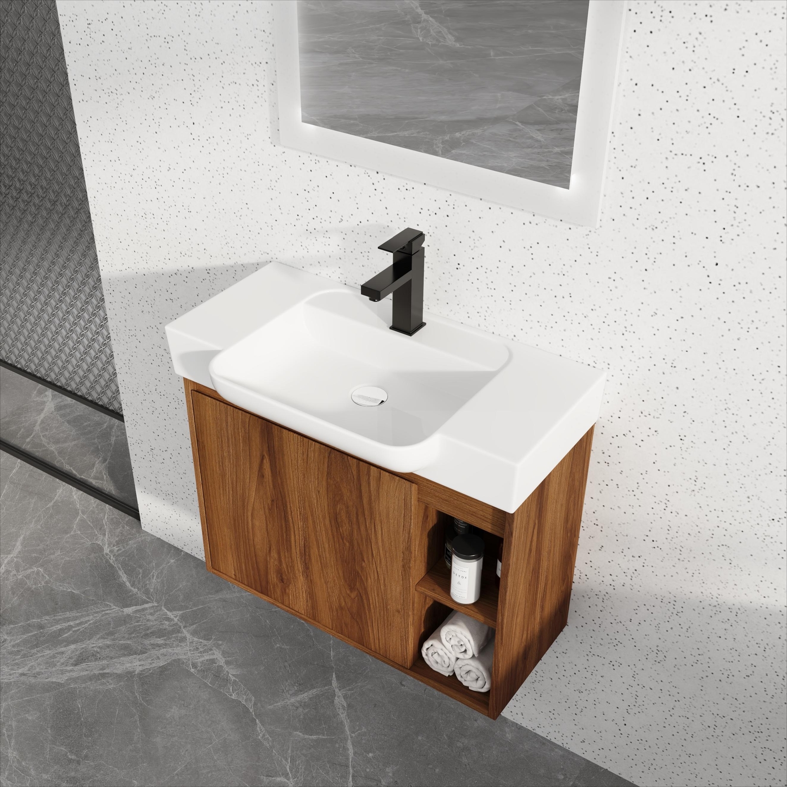 28” Plywood Wall-Mounted Bathroom Vanity Cabinet W/ Ceramic Sink /Shelves Brown