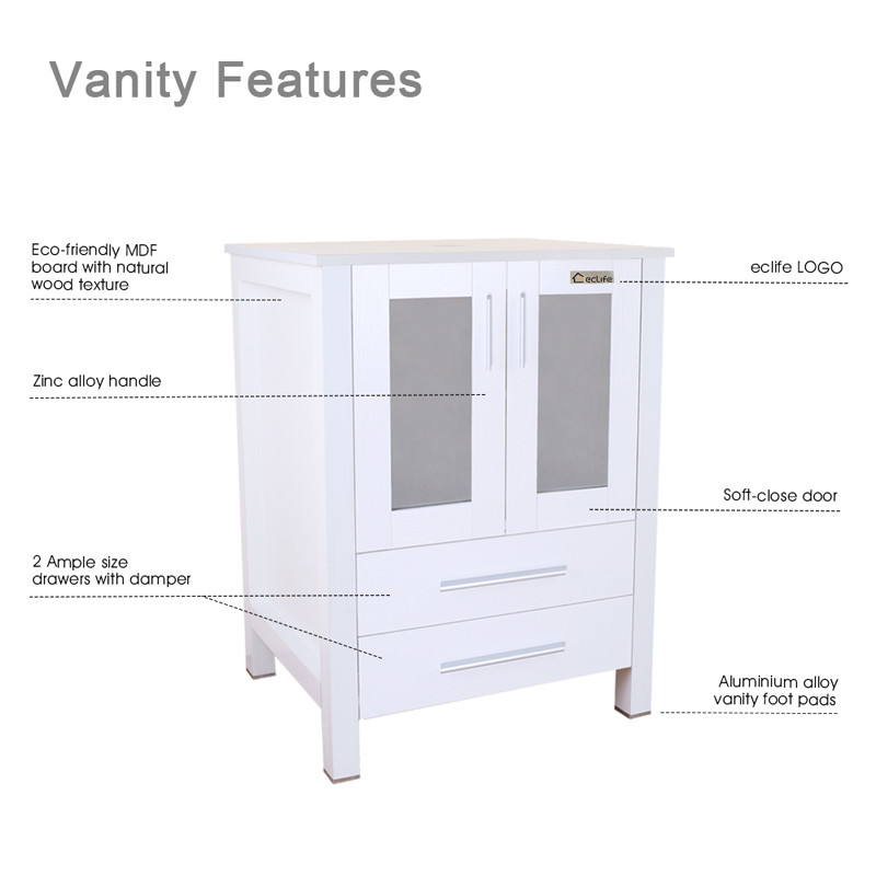 24″ Bathroom Vanity Cabinet W/ Mirror MDF Wood Single White Modern 2 drawer
