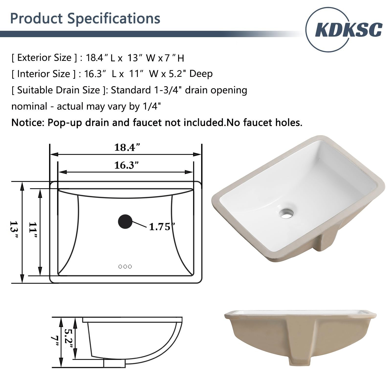 18 Inch Undermount Bathroom Sink White Ceramic Rectangular Under Counter Bathroo