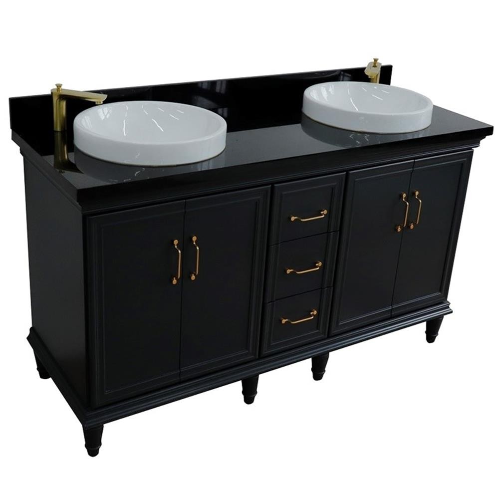 61 in. Double Wooden Vanity Dark Gray Black Galaxy Granite Round Sink