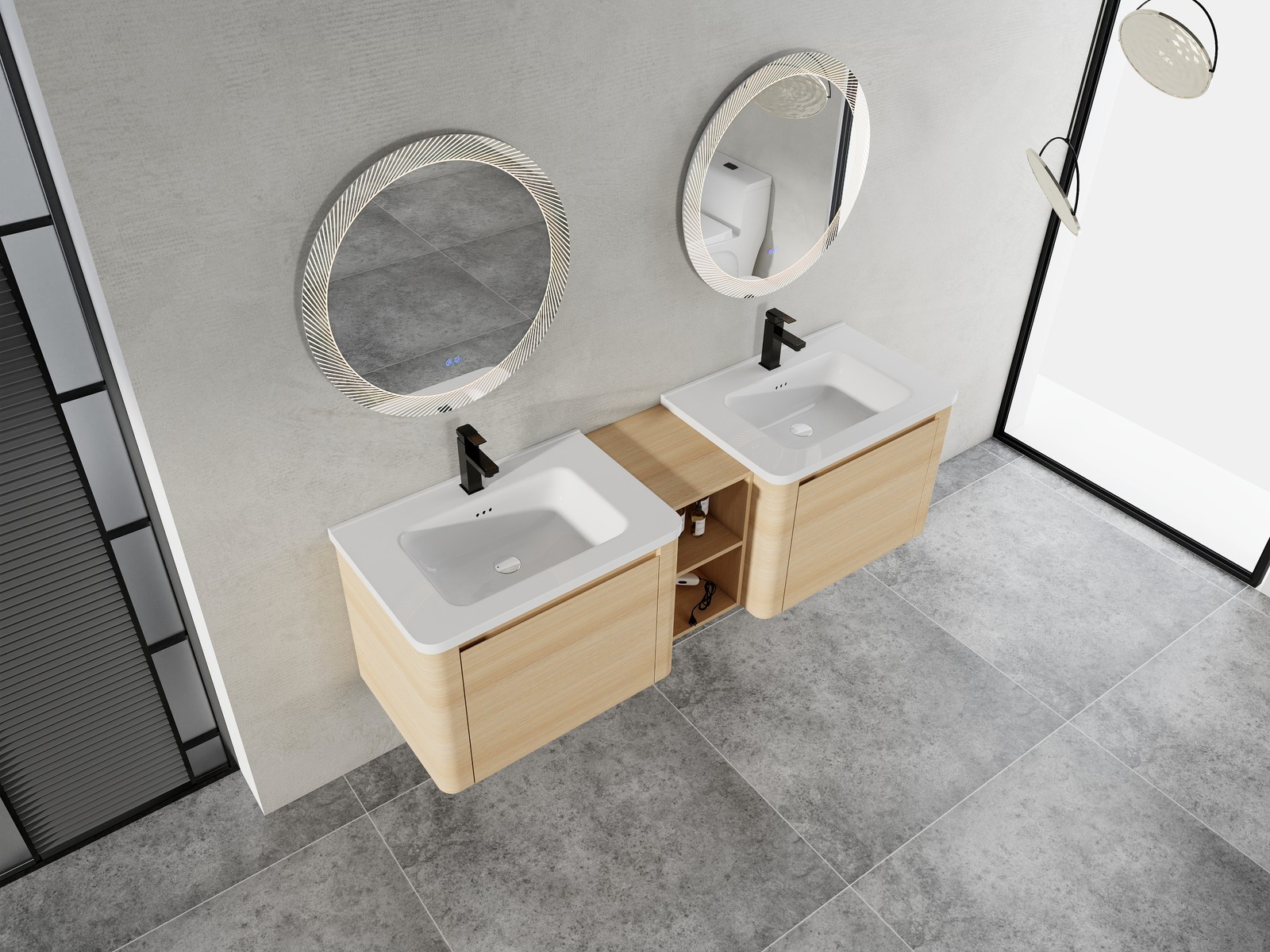 68in Plywood Wall-Mounted Bathroom Vanity W/ 2x White Ceramic Sink and Shelves