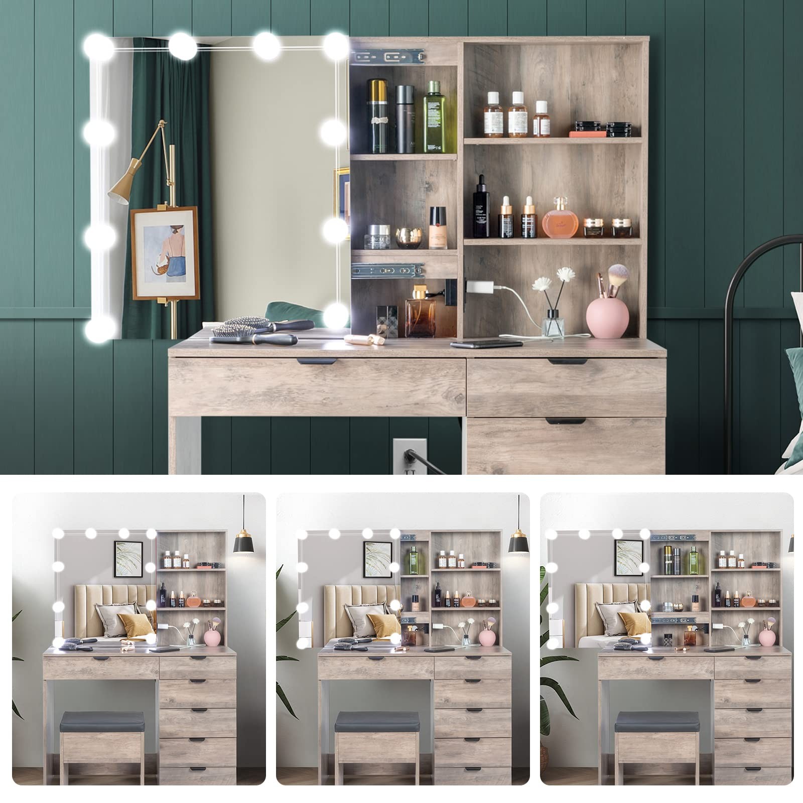 Makeup Vanity Desk Set with Lighted Mirror 10 Bulbs Shelves 6 Drawers Stool Grey