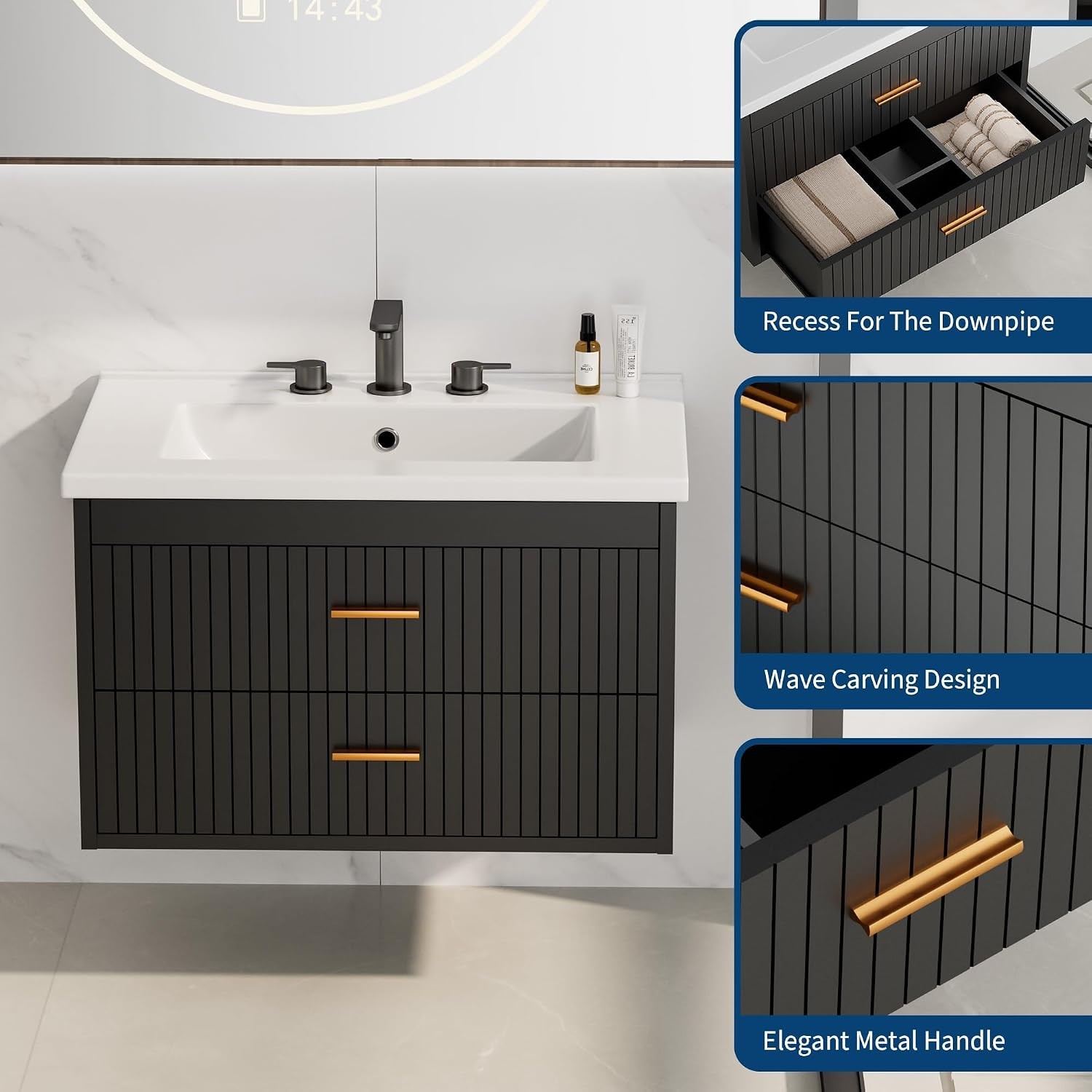 30” Floating Fluted Bathroom Vanity w/ Ceramic Sink Wall Mounted Vanity Cabinet