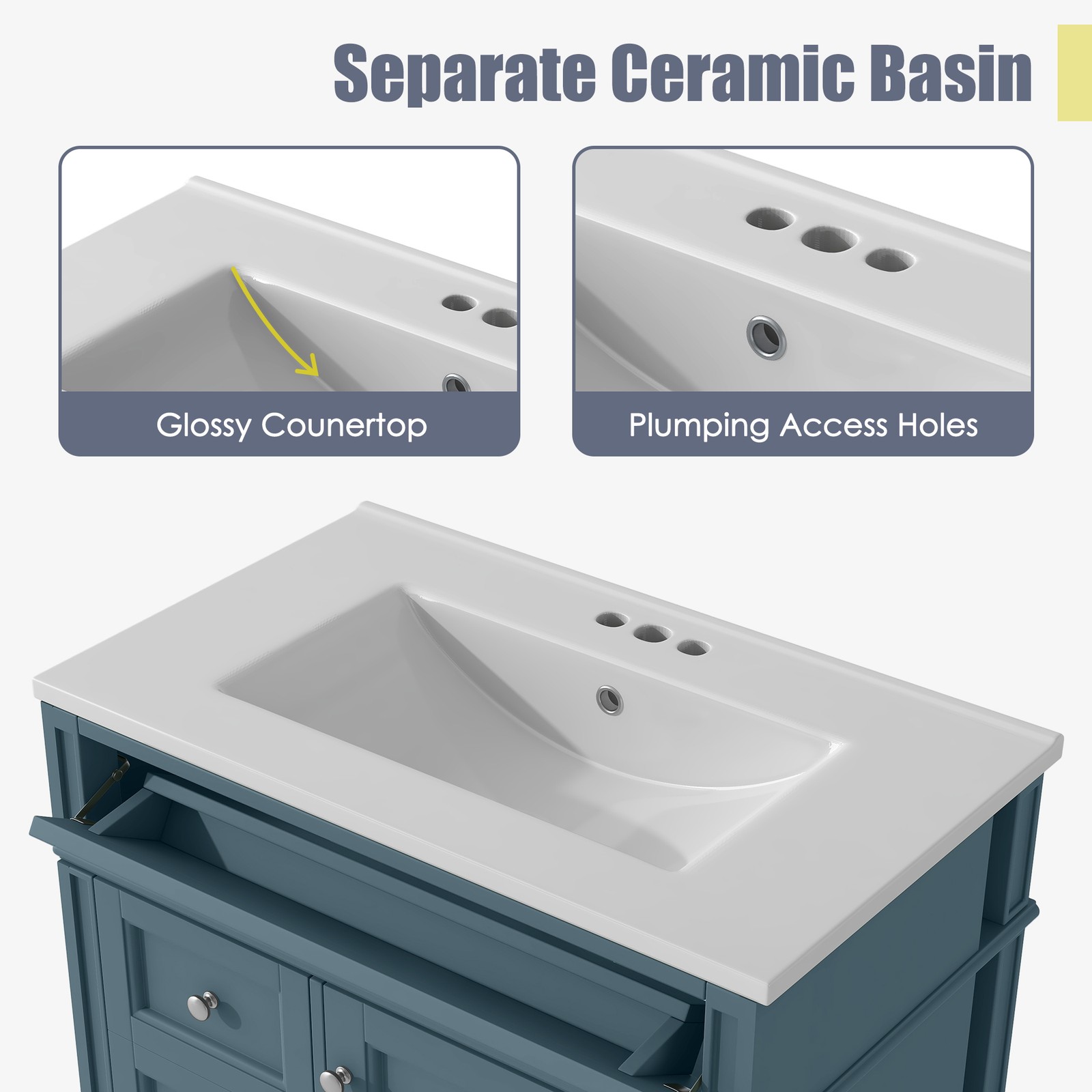 30″ Bathroom Vanity with Top Sink, 2 Drawers & Tip-Out Drawer