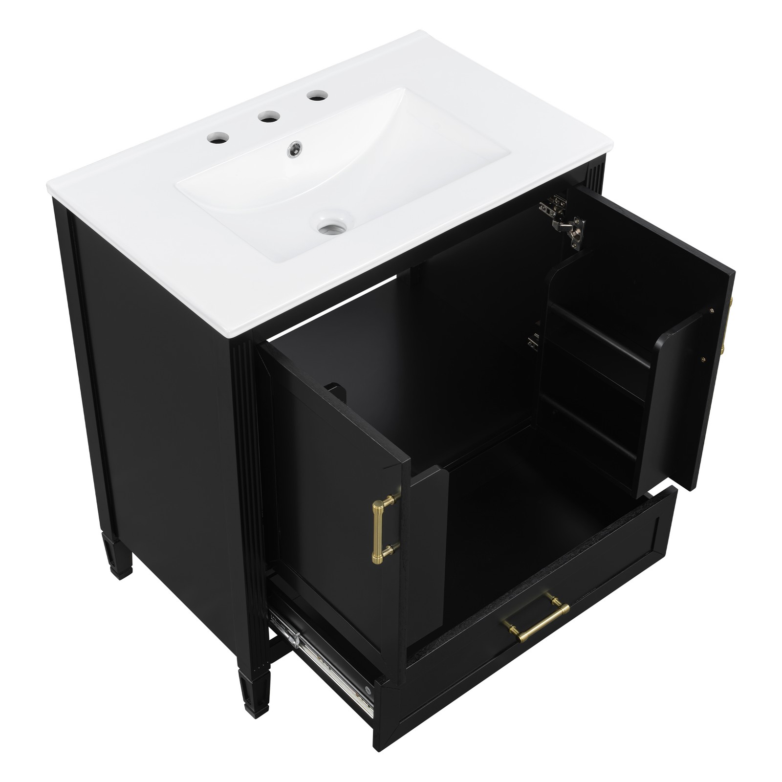 30 Inch Black Fluted Bathroom Vanity with Ceramic Sink, Soft-Close