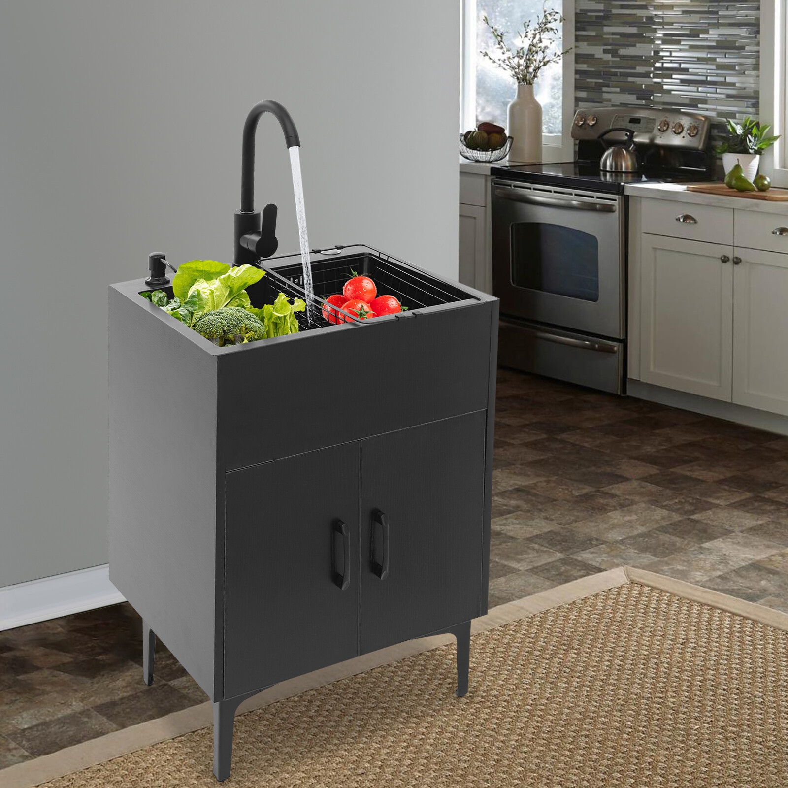 Bathroom Vanity Cabinet Storage with Sink Combo with Drawers and Shelves Black