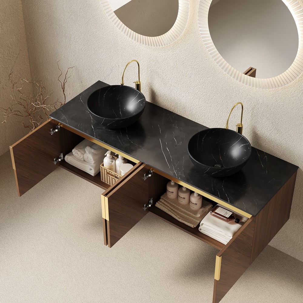 60″ Wall Mounted Bathroom Vanity w/Double Round Sink, Floating Cabinet, 4 Doors