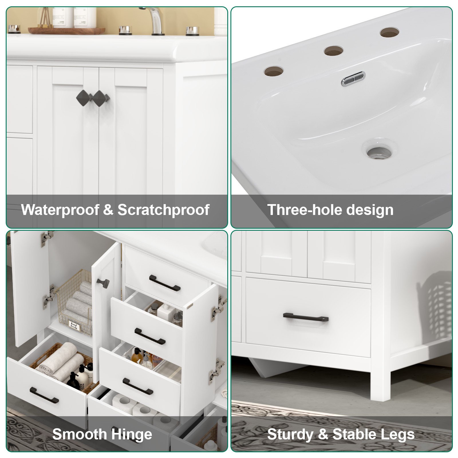 47″ White Bathroom Vanity Storage Cabinet with Double Ceramic Sink Freestanding