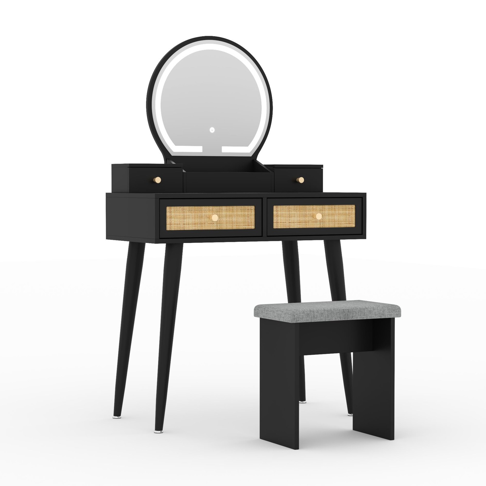 Rattan Vanity Desk with Stool 31″ Space Saving Makeup Table with LED
