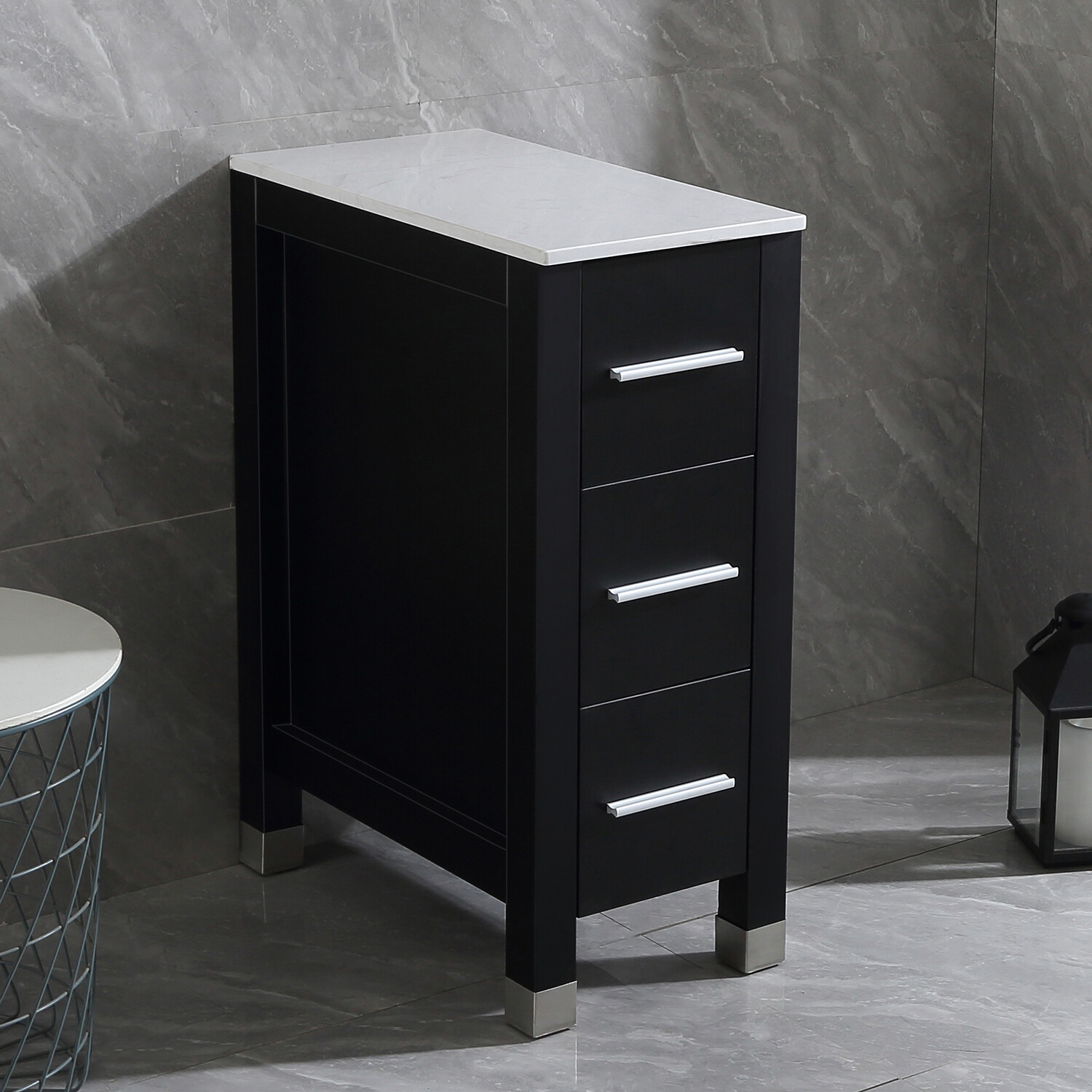 11.8″ Modern Bathroom Vanity Small Cabinet with Stone top & 3 Drawers Black