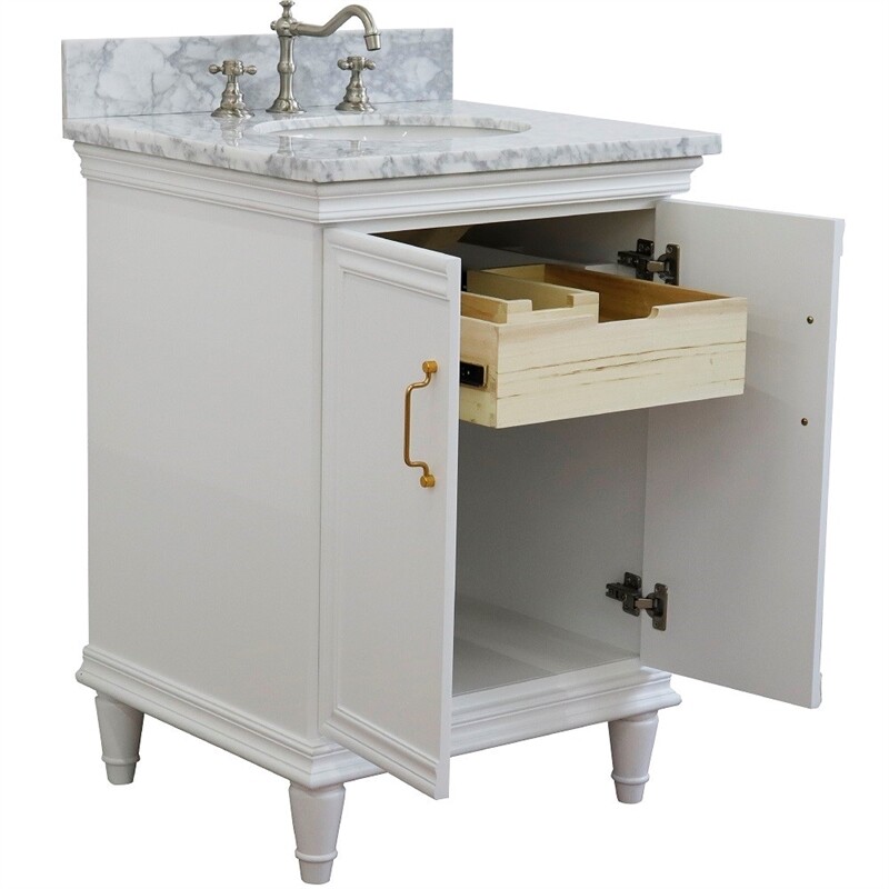 25 in. Single Wooden Vanity White with White Carrara Oval Sink