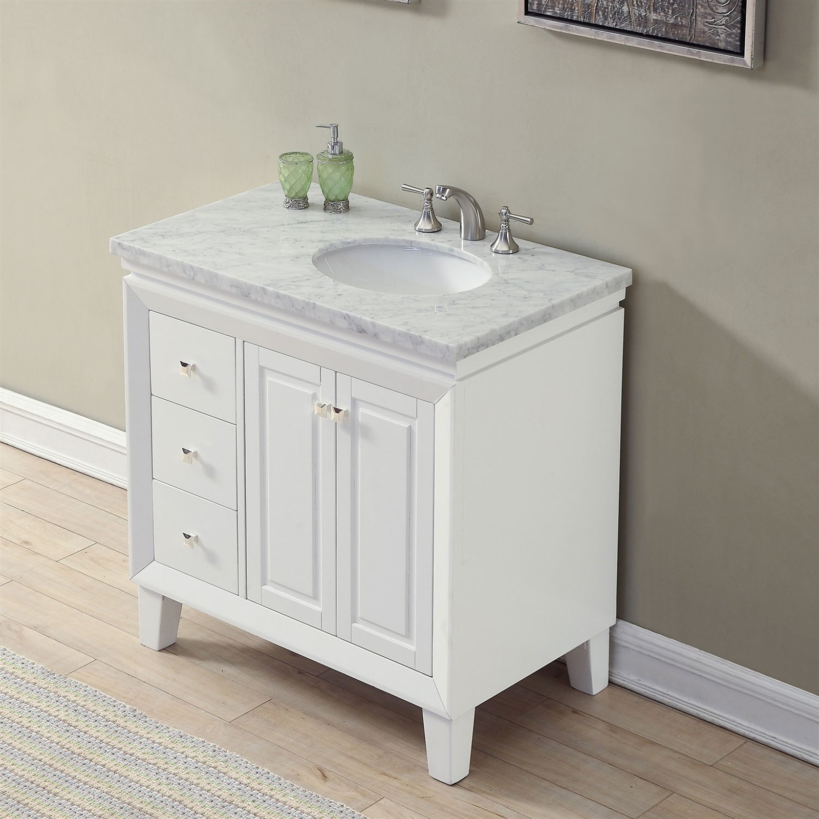 36″ Bathroom Vanity Right Single Sink Cabinet w/ Carrara Marble Countertop 320WR