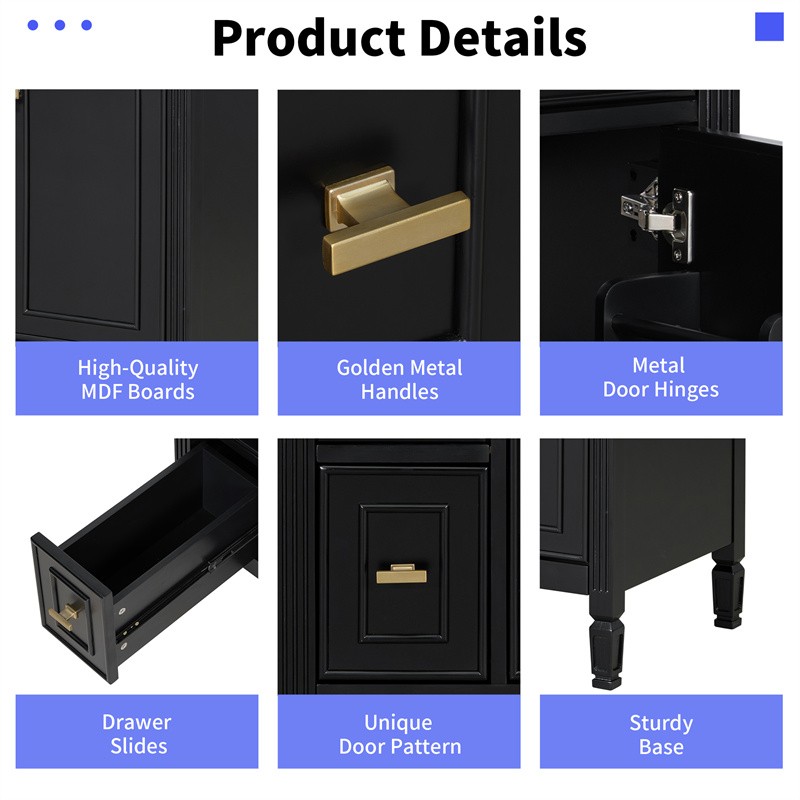 24-In Modern Bathroom Vanity with Ceramic Sink,Black Wood Cabinet with 3 Drawers