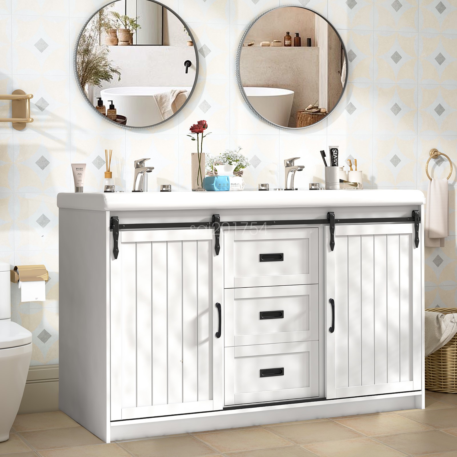 Bathroom Vanity Freestanding Ceramic Sink Cabinet With Doors and Drawers White