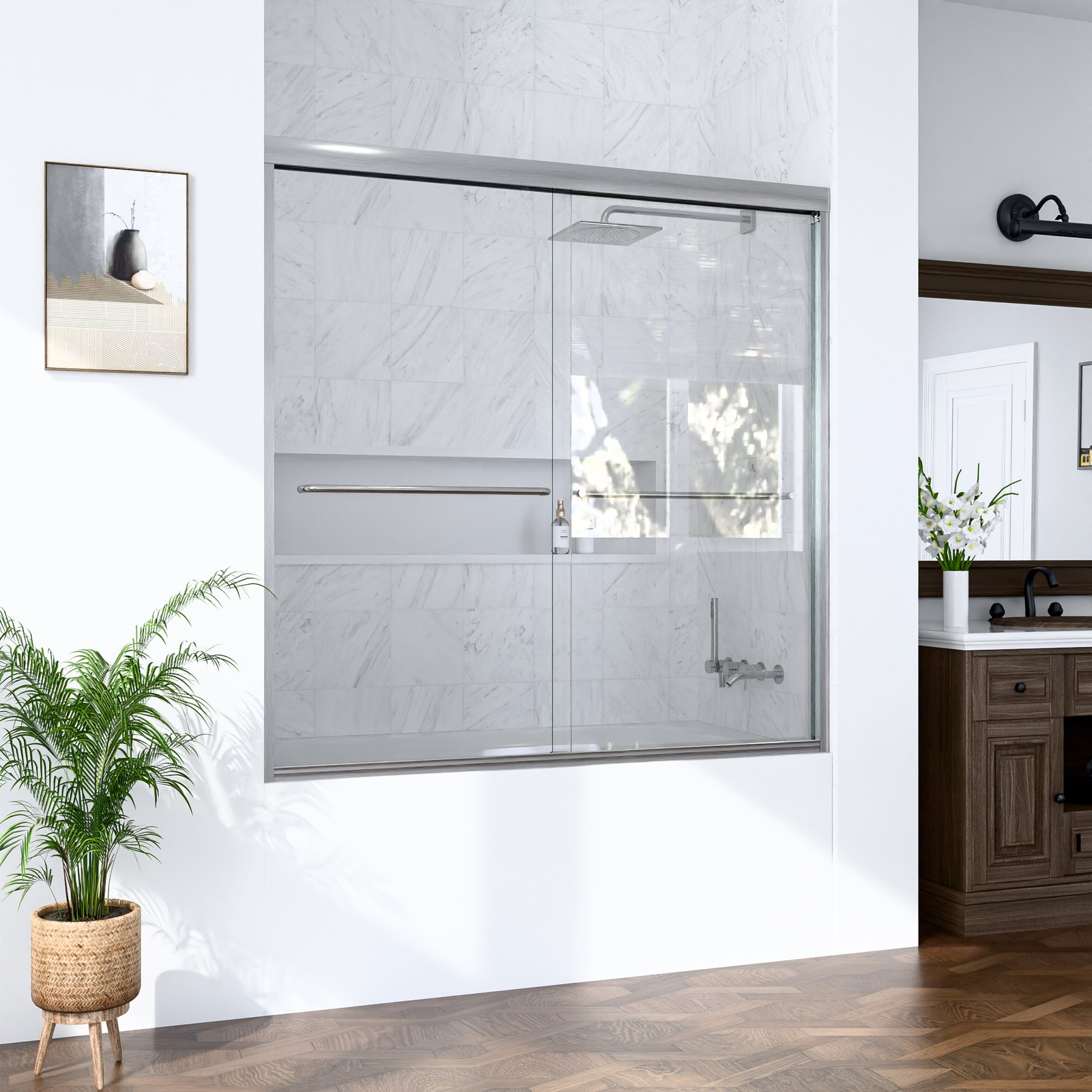 56″-60″W*60″ H Semi-Frameless Double Sliding Shower Door, Bypass Shower Door