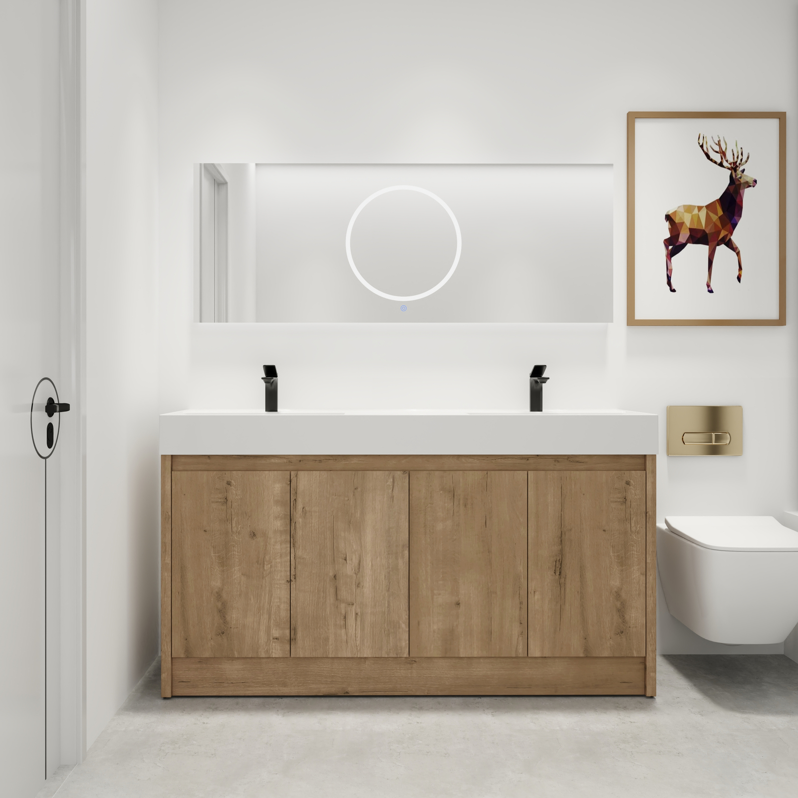 60 inch Freestanding Bathroom Vanity Cabinet Storage W/Dual Basin Sink +4 Doors