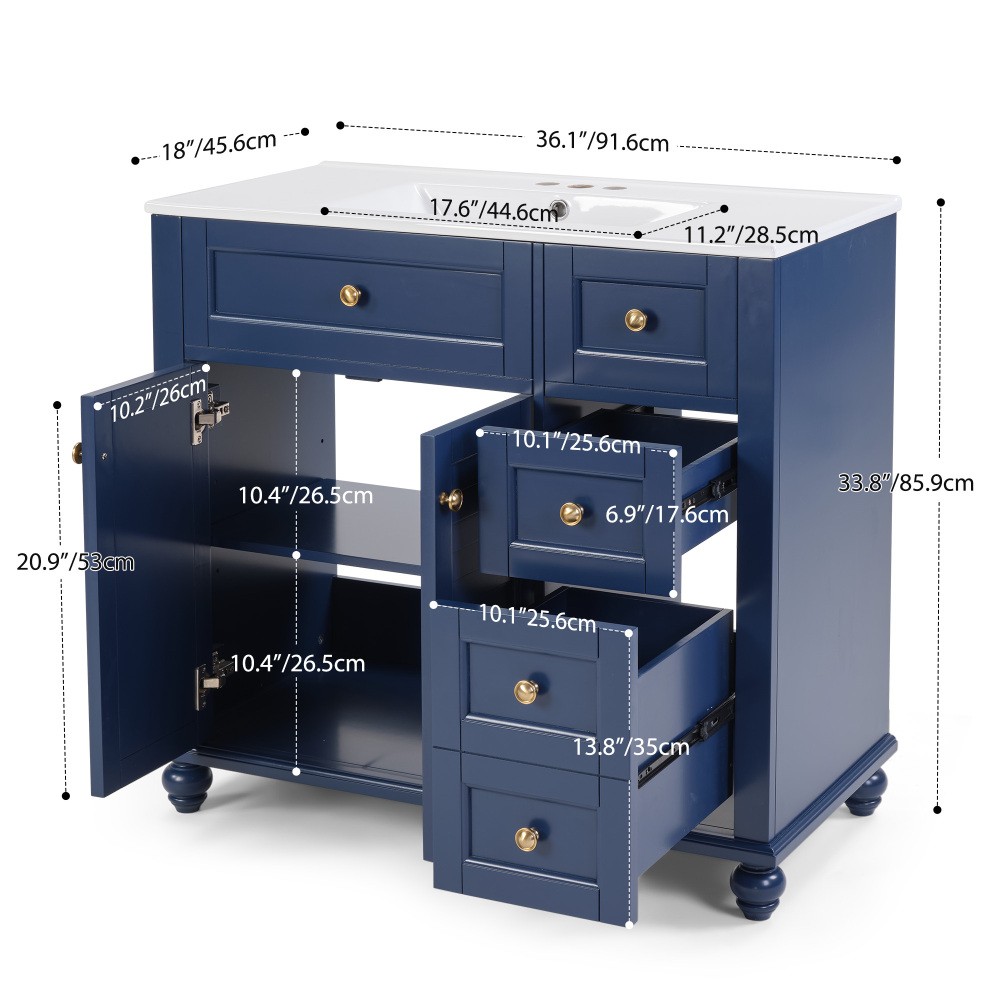 36″ Blue Bathroom Vanity with Ceramic Sink, Soft-Close Drawers, Solid Wood Frame