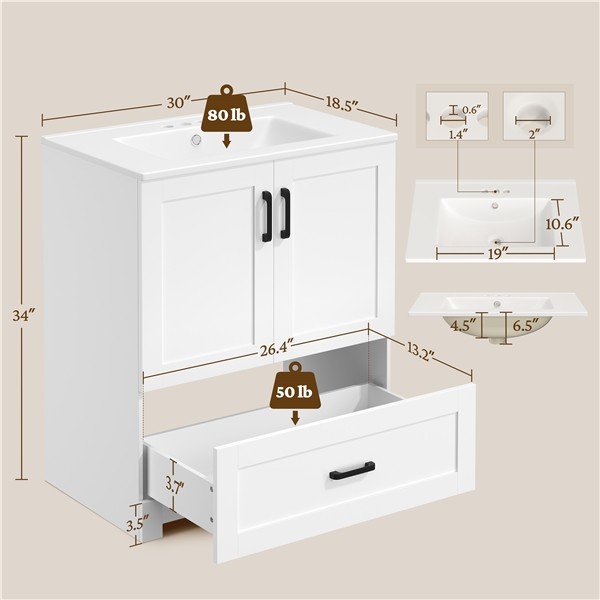 Modern Freestanding Bathroom Vanity with Undermount Ceramic Sink and Drawer