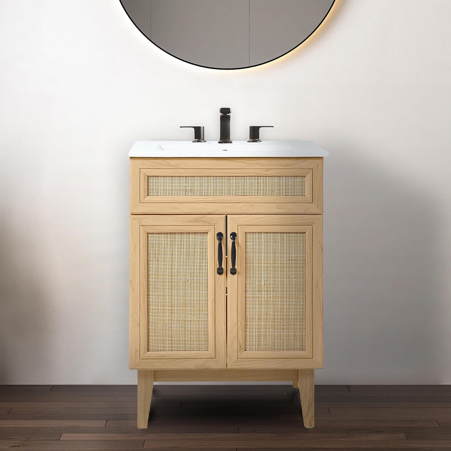 Modern Farmhouse Rattan Bath Vanity Cabinet, 24″ W, Oak, 2 Shelves