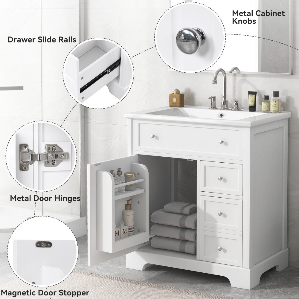 30 Inch White Bathroom Vanity with Ceramic Sink Top Solid Wood MDF Cabinet