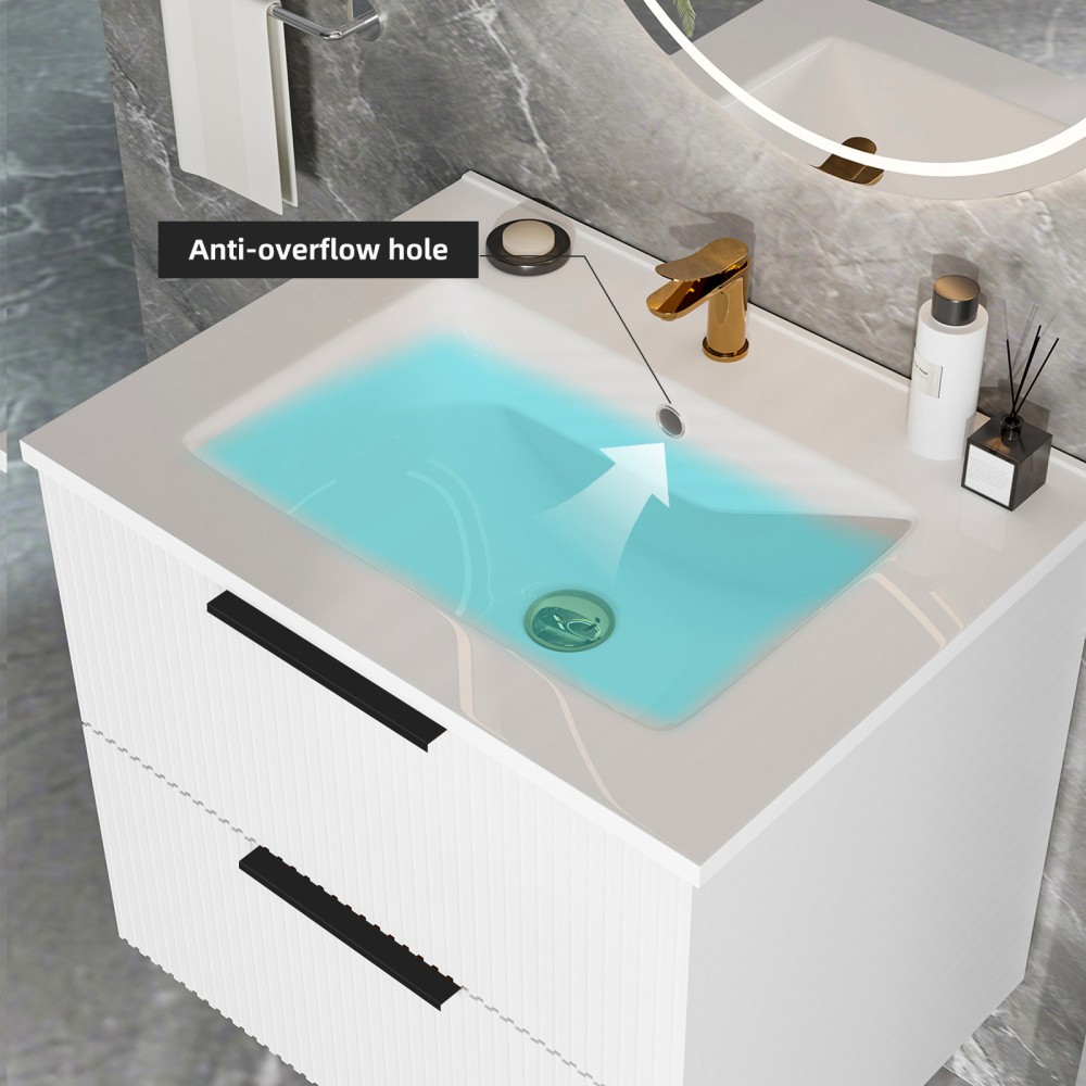 Bathroom Vanity Cabinet W Ceramic Sink Drawers Wall Mounted Fluted Vanity