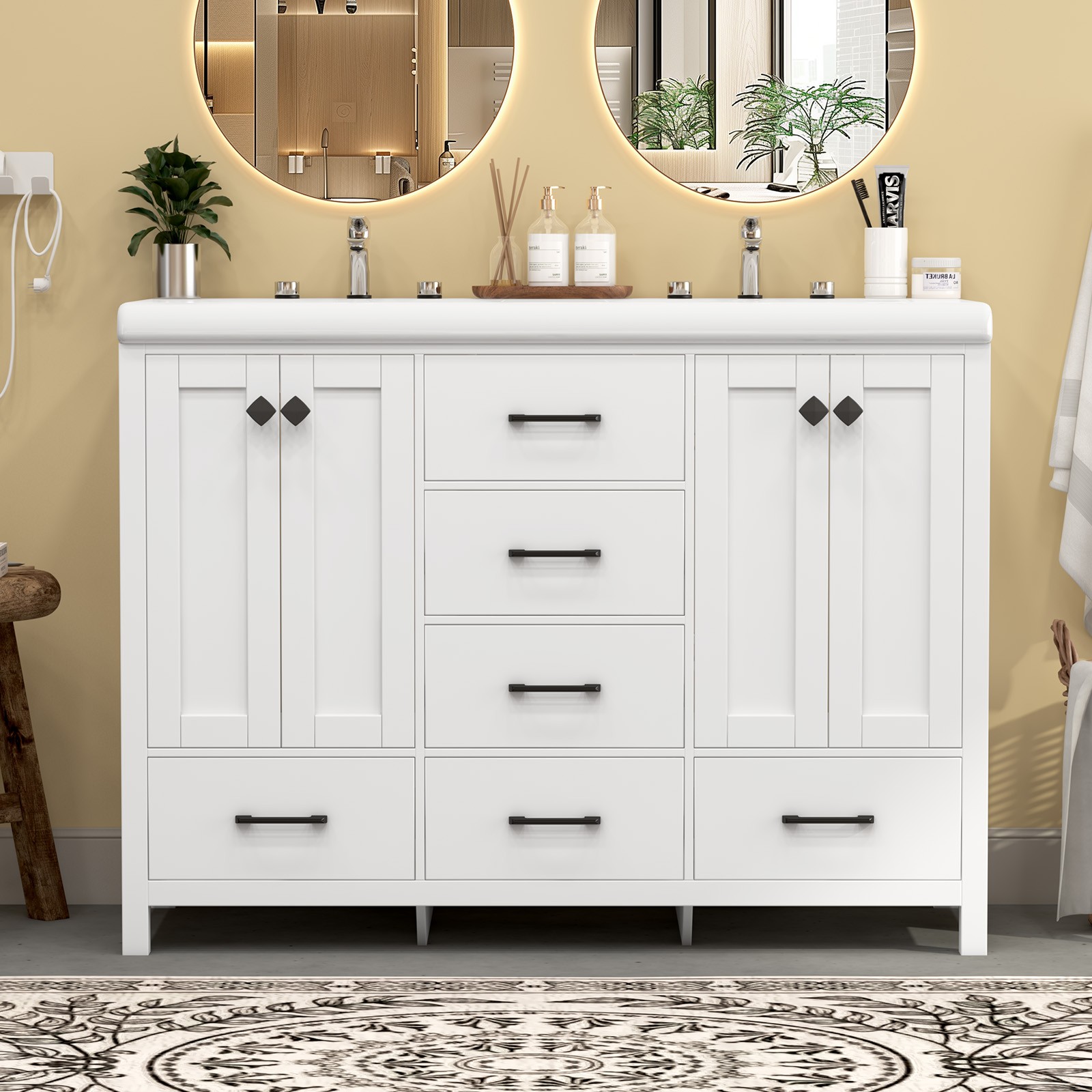 47″ White Bathroom Vanity Storage Cabinet with Double Ceramic Sink Freestanding