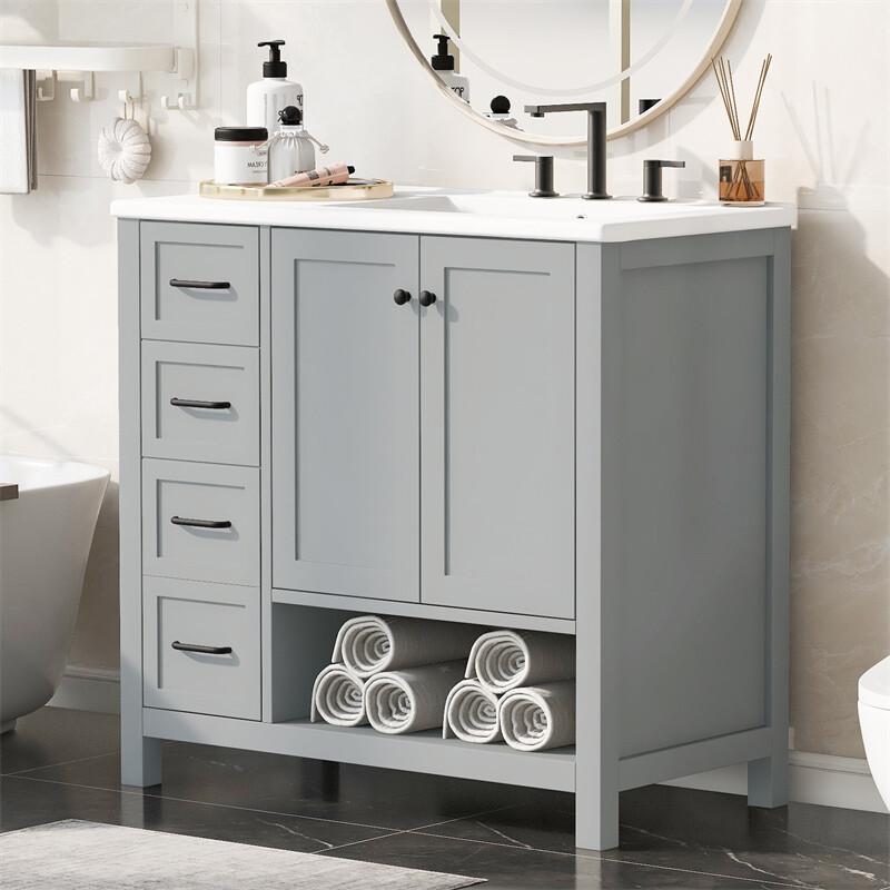 36″ Gray Bathroom Vanity with Sink Top,Vanity Cabinet with 2 Doors & 2 Drawers