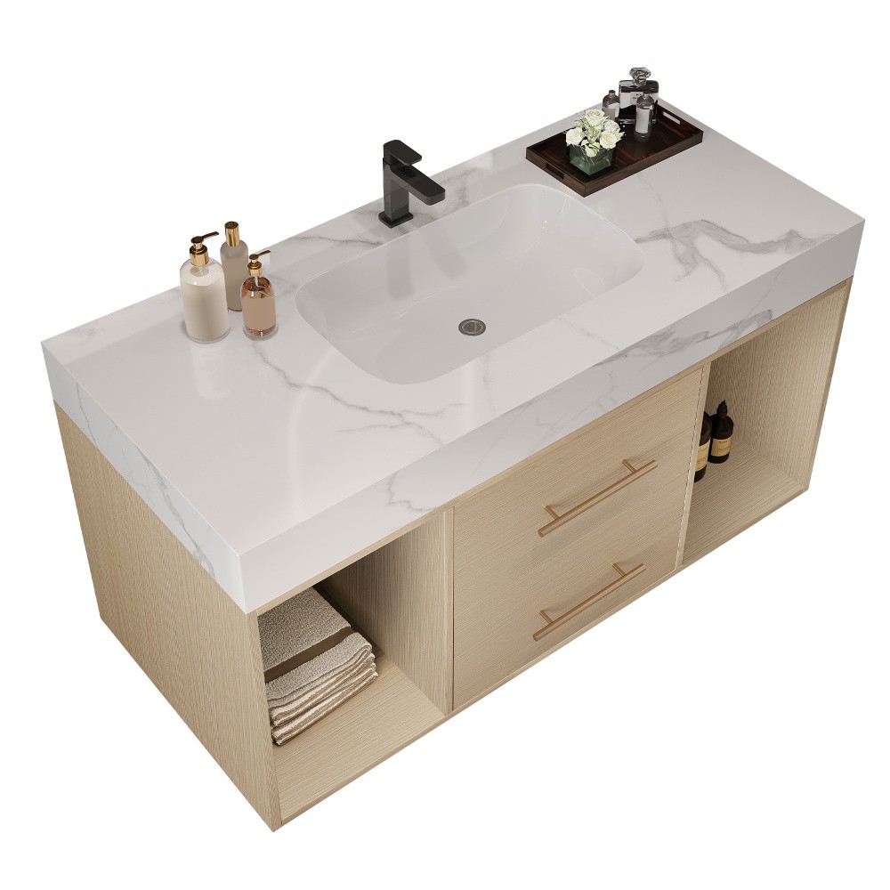 39.4 ” Floating Bathroom Vanity with Ceramic sink, Modern Wall Mounted Vanity