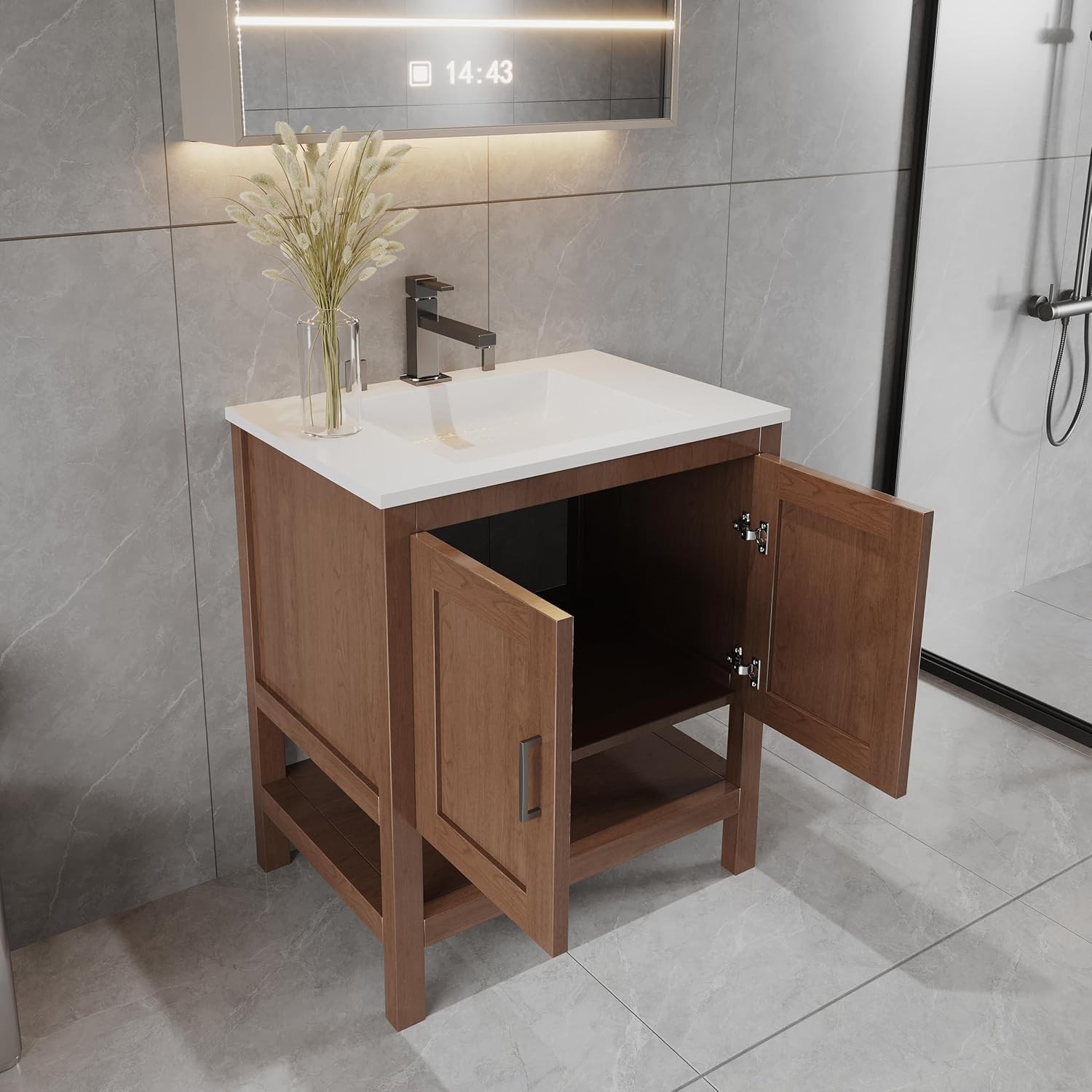 36″ Natural Wood Bathroom Vanity Base Only – Freestanding Solid Wood Sink