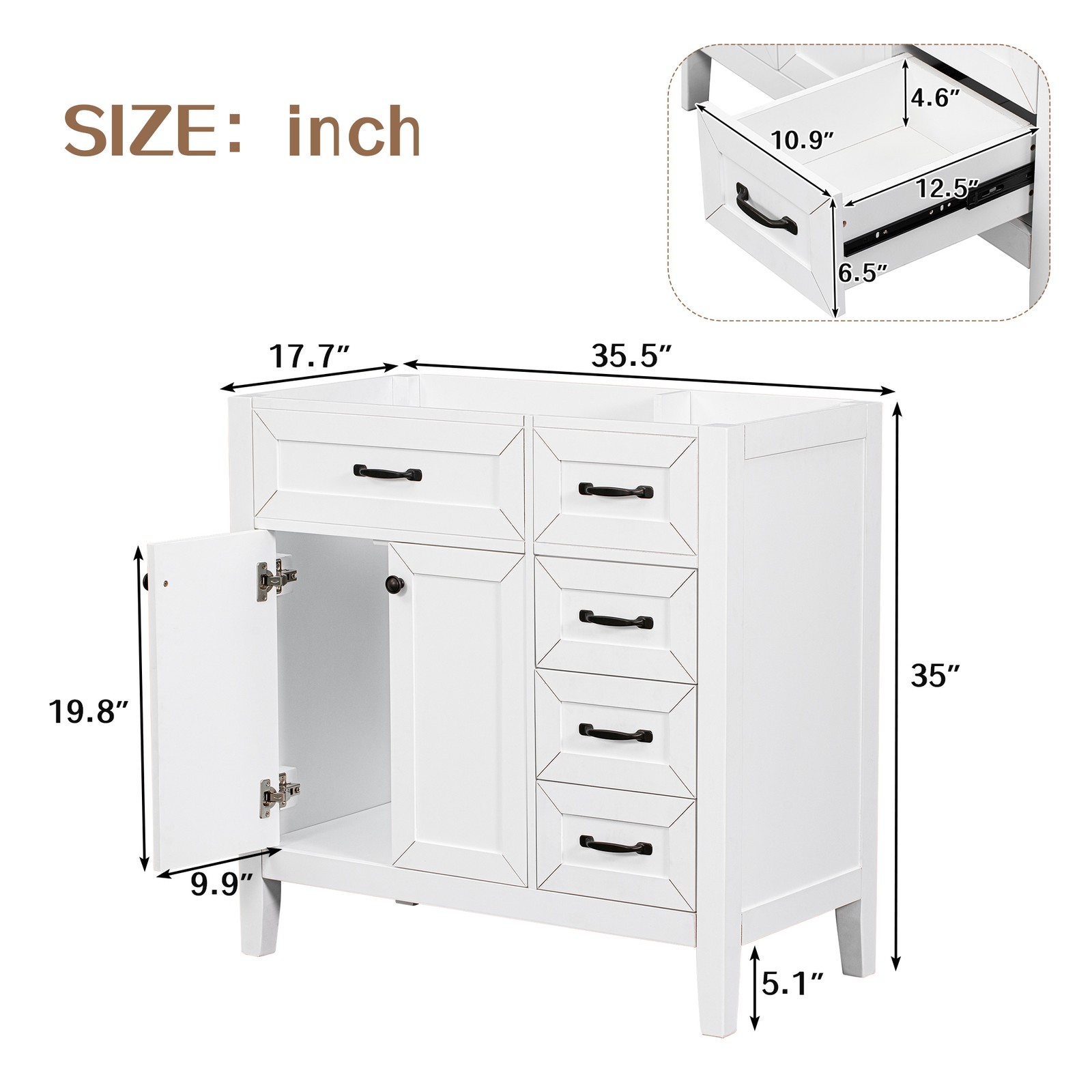36″ Bathroom Vanity Base Only Cabinet with Drawers White