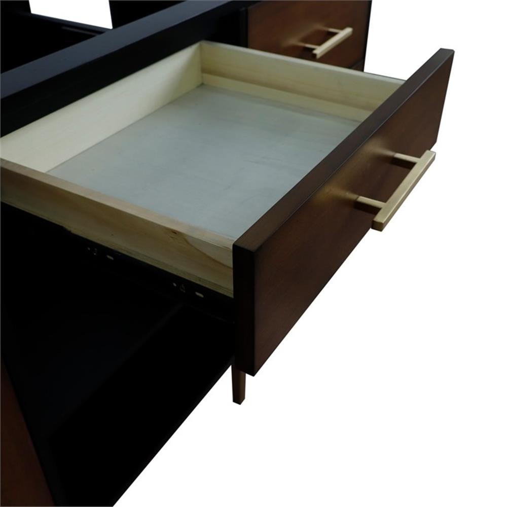 61 in. Double Wooden Vanity Walnut Black Black Galaxy Granite Round Sink