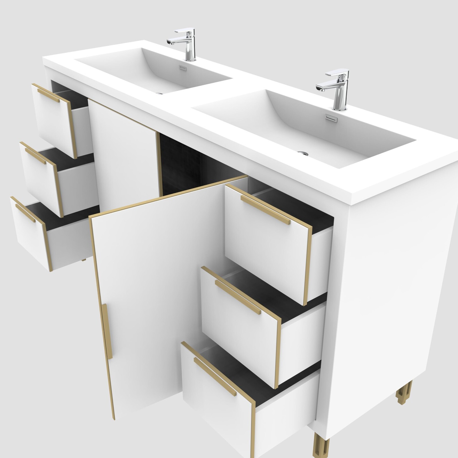60″ Freestanding Bathroom Vanity Double Sink Storage Cabinet Soft Doors, Drawers