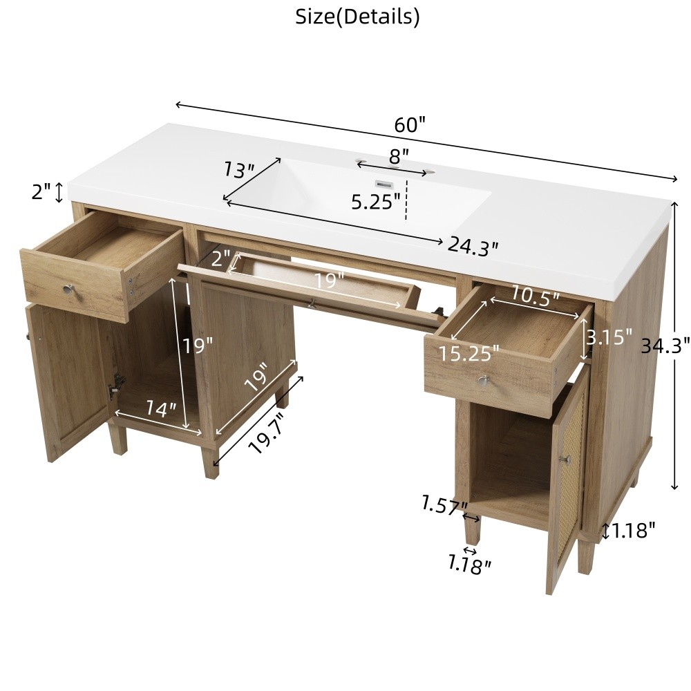 60 Inch Bathroom Vanity with SMC Sink, Modern Spacious Bathroom Storage Cabinet