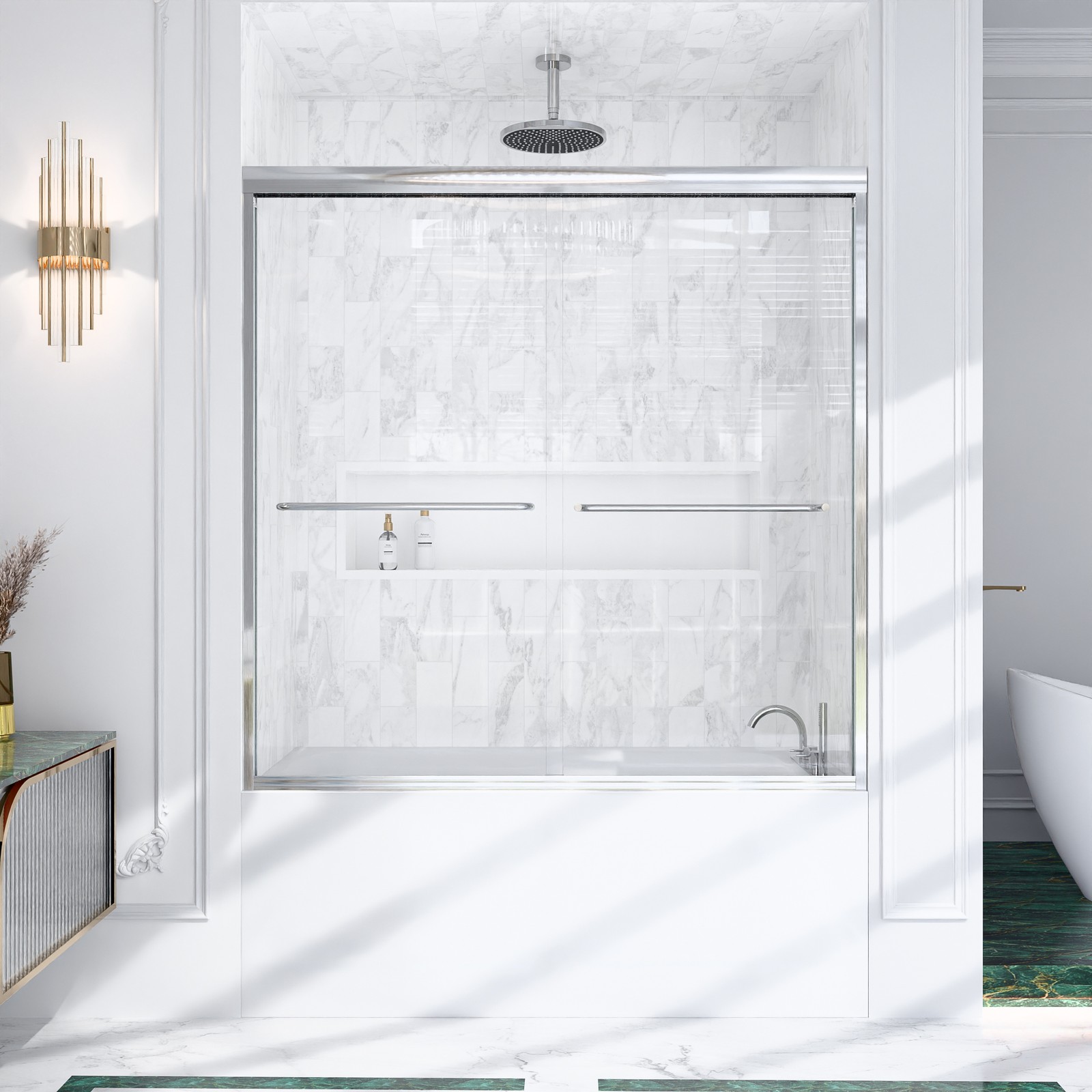 56″-60″W*60″ H Semi-Frameless Double Sliding Shower Door, Bypass Shower Door