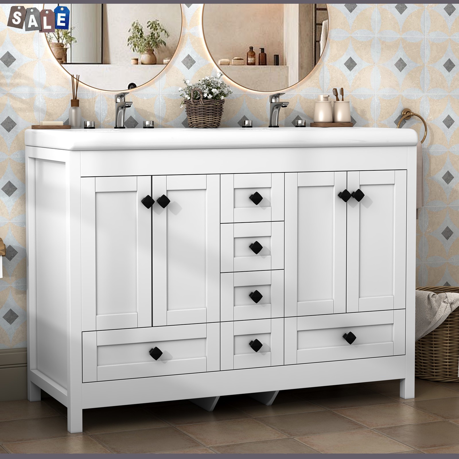 White Classic Bathroom Vanity Double Ceramic Sinks Freestanding With 5 Drawers