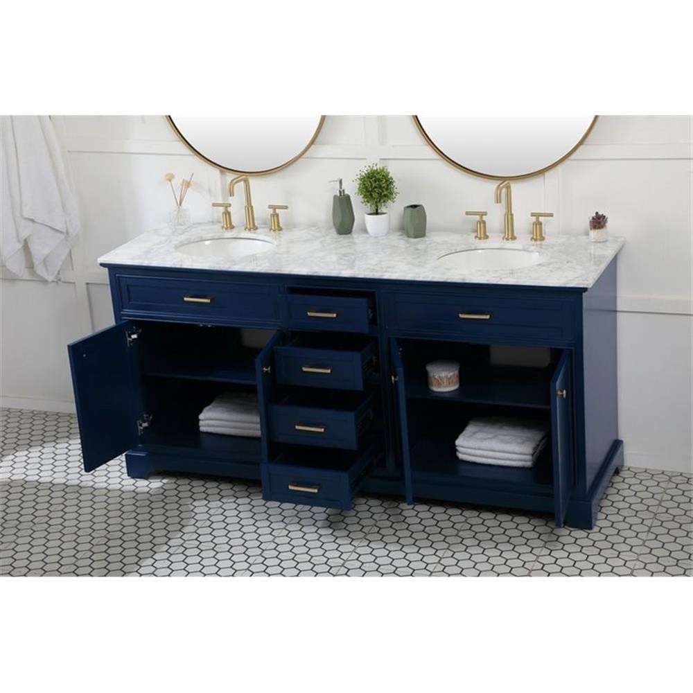 Elegant Decor Americana 72″ Metal MDF Marble Double Bathroom Vanity in Blue