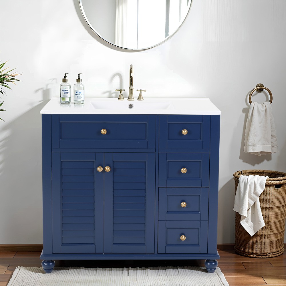 36″ Blue Bathroom Vanity with Ceramic Sink, Soft-Close Drawers, Solid Wood Frame