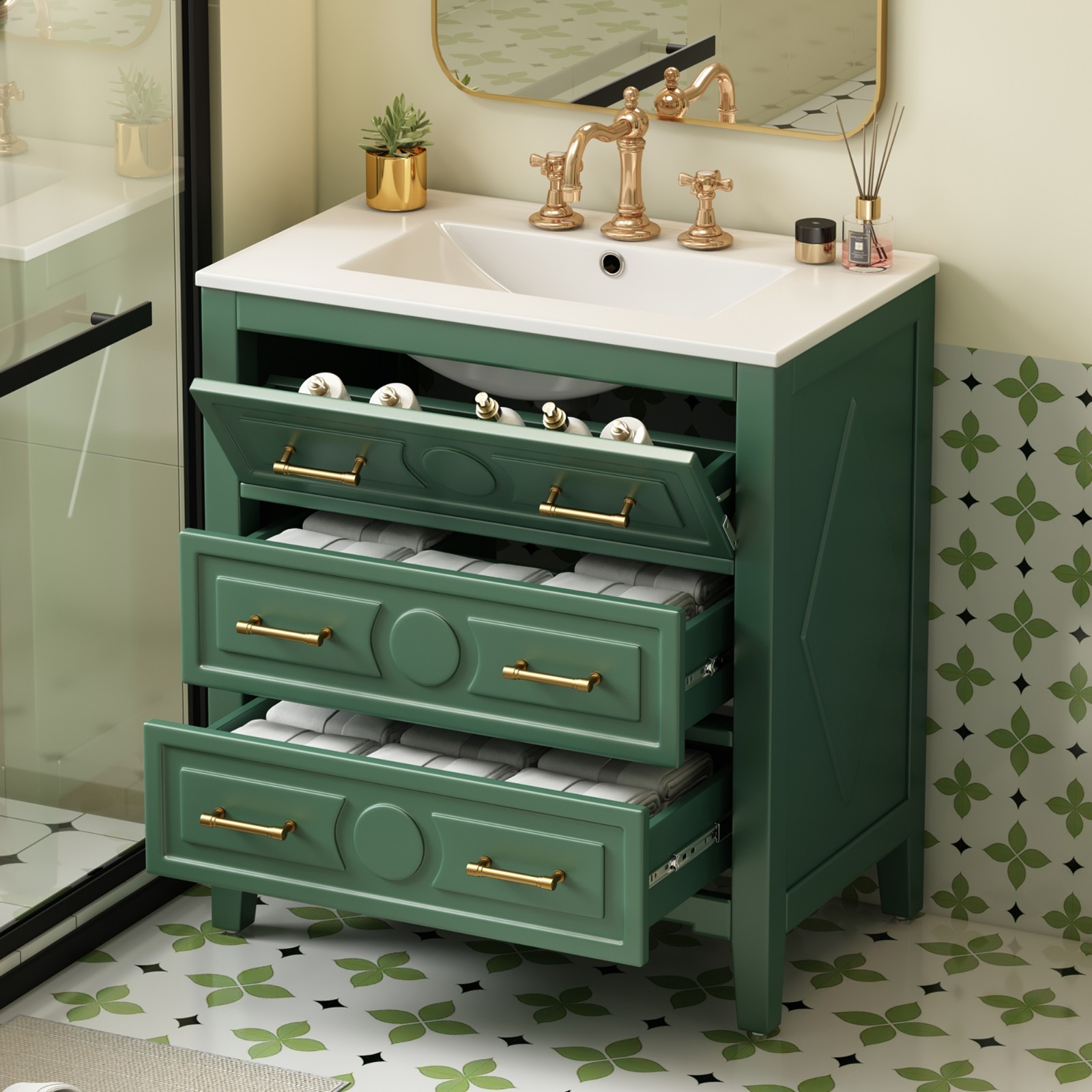 30″ Bathroom Vanity Storage Cabinet With Ceramic Sink 3 Drawers Gold Handles